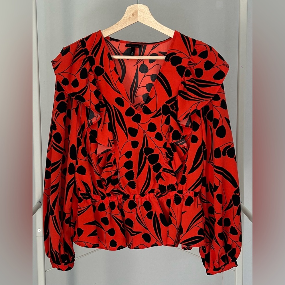 Who What Wear Red and Black Ruffle Blouse